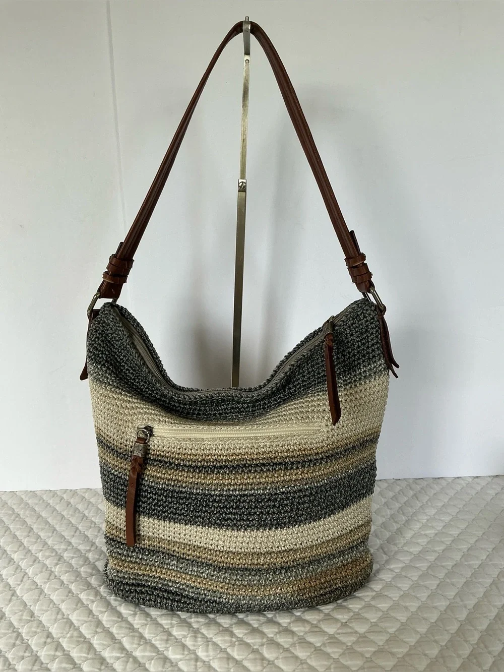 The Sak Sequoia Striped Crochet Hobo Bag in Brown and Cream
